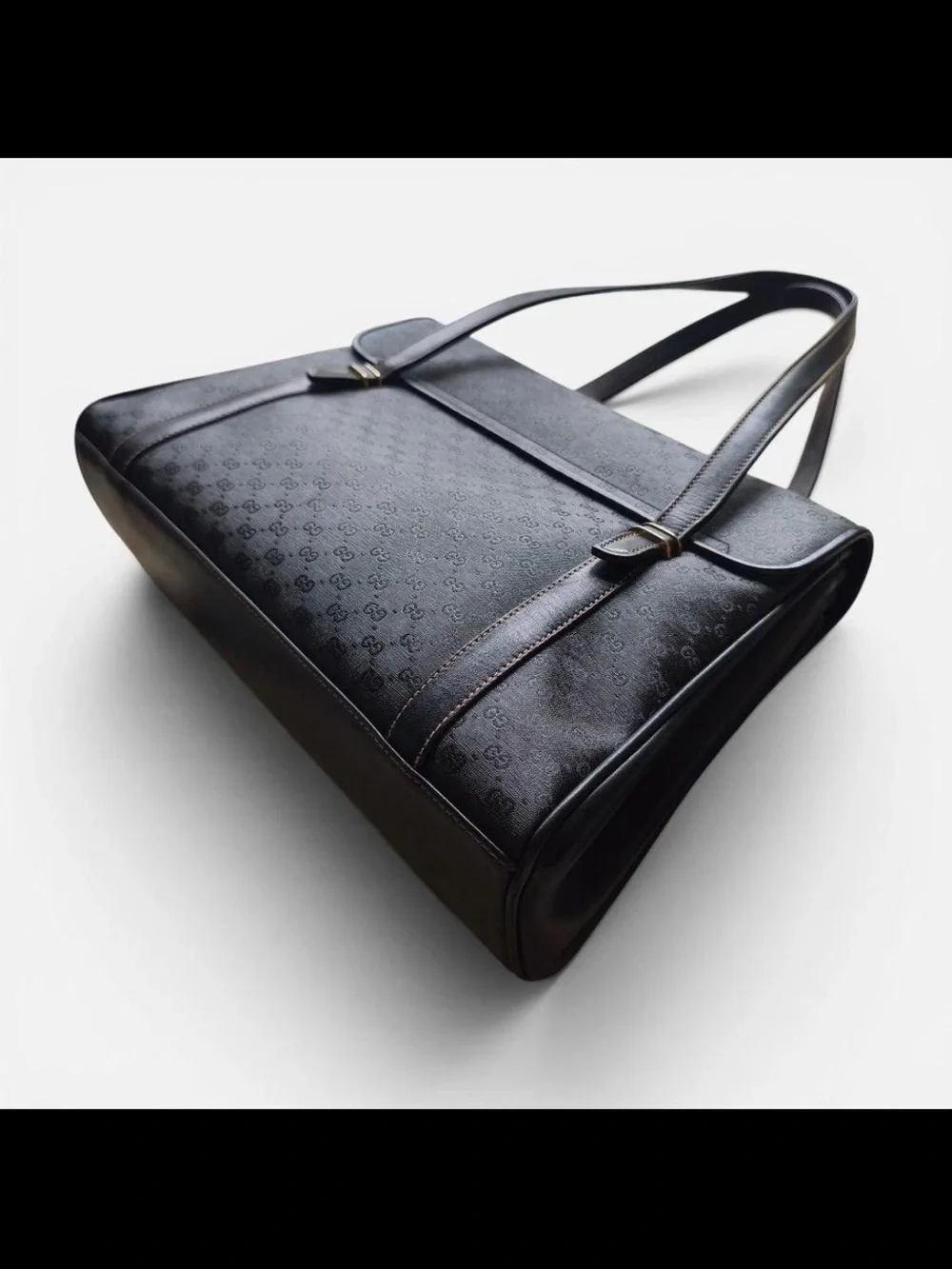 Gucci Black Monogram Satchel with Gold-Tone Oval Emblem